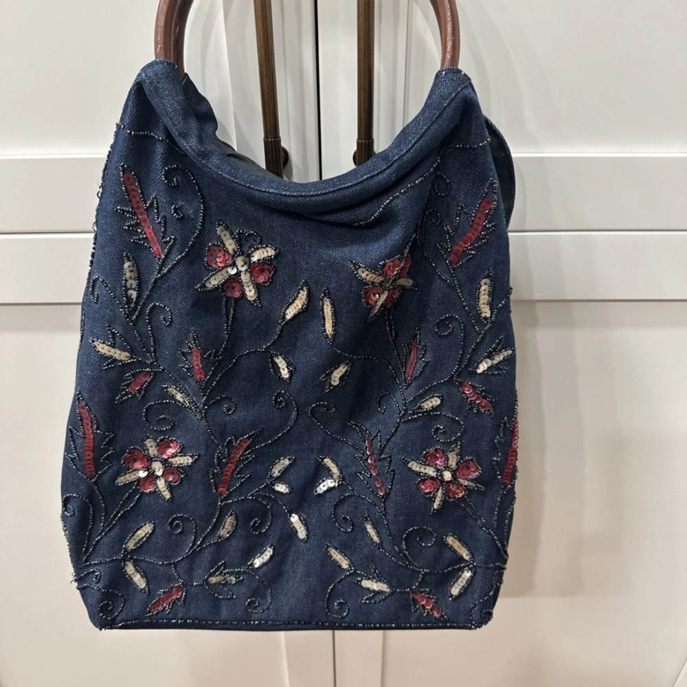 Floral Embellished Denim Hobo Bag 21” from top of handle to bottom